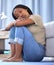 Black woman, sad or depression in house, home or mental health problem for sad news, grief or loss. Anxiety, burnout or