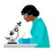 Black woman scientist looking through microscope and writing. Vector