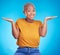 Black woman, shrug and confused portrait in studio with hand gesture, emoji or sign for doubt. African female model on a