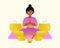 Black woman sitting on yoga mat among multiple singing bowls as sound bath, music therapy and spirituality concept