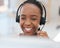 Black woman, smile and consulting in call center, contact us or telemarketing communication at the office. Happy African