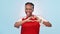 Black woman, soccer player and face with heart hand sign and happy from sport love in studio. Fitness, workout and