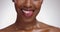 Black woman, teeth and dental hygiene for skincare cosmetics on a gray studio background. Closeup of African female