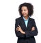 Black woman, thinking and business in studio with arms crossed, suit or idea by white background. Corporate leader woman