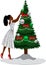 Black Woman in White Sparkling Dress Decorates Christmas Tree