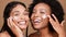 Black women, facial cream and skincare of friends or beauty model with face lotion and skin wellness. Portrait of black