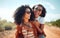 Black women, friends and nature holiday portrait, vacation or summer trip. Safari, sunglasses and girls piggy back