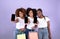 Black Women Trio Showing Phones Screens Advertising Shopping Application, Studio