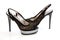 Black womens high heeled chamois shoes on white background.;