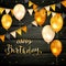 Black Wooden Background with Golden Birthday Balloons and Pennants