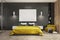 Black and wooden bedroom, yellow bed, poster