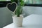 Black wooden heart board in small pootted plant with cactus, empty card