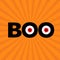Black word BOO text with red eyes. Evil eyeballs. Happy Halloween. Greeting card. Flat design. Orange starburst sunburst