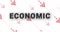 Black word economic morphs into recession on repeating looping pattern animation with falling red down arrows as background.