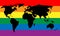 Black world map silhouette on LGBT rainbow pride flag background. Lesbian, gay, bisexual, and transgender stylish design