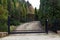 Black wrought gate to property with garden in the background