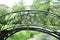 Black wrought iron bridge with goth pentagram star inside. summer day photo. nobody.