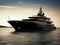 Black yacht. Black super yacht in Ibiza harbour. Luxurious millionaire boat.