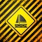 Black Yacht sailboat or sailing ship icon isolated on yellow background. Sail boat marine cruise travel. Warning sign