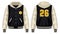 Black, yellow and beige varsity jacket with hoodie front and back view, vector mockup illustration