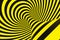 Black and yellow police spiral tunnel. Striped twisted hypnotic optical illusion. Warning safety background. 3D render.