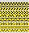 Black and yellow police stripe border, construction, danger caution seamless tapes on transparent background, stock vector