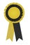 Black and yellow ribbon rosette photograph on white background