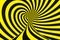 Black and yellow spiral tunnel from police ribbons. Striped twisted hypnotic optical illusion. Warning safety background.