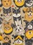 Black and yellow template with several dogs and cats