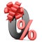 Black zero percent with red ribbon and bow. Discount free