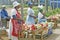 Black Zulu women street vendors in brightly colored clothes sell produce in Zulu village, Zululand, South Africa