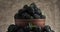 Blackberries and leaves of green mint in bowl. rotation on fabric background