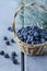 Blackberries in wicker basket on grey wooden table