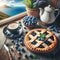 Blackberry and blueberry tart with cup of coffee on dark background