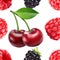 Blackberry cherry and raspberry seamless pattern. 3d realistic vector berries.