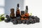 Blackberry essential oil in a bottle for skin care.Blackberry fleecy extract. Cosmetic bottle with serum and blackberries