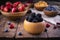 Blackberry and other berries in bowls on a dark wooden background.