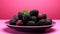 Blackberry on plate close-up. Fresh Blackberry on a pink background texture. Blackberry. Diet healthy food. AI generated