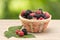 Blackberry and raspberry in wicker basket on a background of foliage