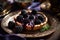 Blackberry tart with a drizzle of blackberry sauce on a vintage floral plate on dark background, food art, generative AI