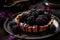 Blackberry tart with a drizzle of blackberry sauce on a vintage floral plate on dark background, food art, generative AI