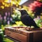 Blackbird visits garden feeder