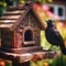 Blackbird visits garden feeder