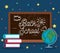 blackboard with books and global map with stars and points