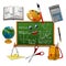 Blackboard cartoon character with school supplies