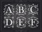 Blackboard chalk vintage calligraphic letters in monogram retro frames, alphabet logos