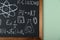 Blackboard with different chemical formulas written with chalk on light green wall