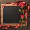 Blackboard enhanced by elegant red roses and delicate heart ribbon