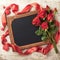 Blackboard enhanced by elegant red roses and delicate heart ribbon