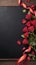 Blackboard enhanced by elegant red roses and delicate heart ribbon